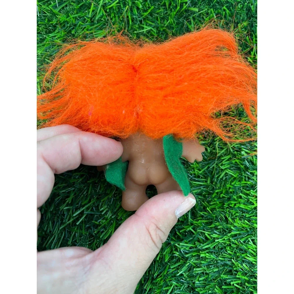 Vintage Troll Doll Orange Hair Green Felt Outfit Amber Eyes Retro Collectible